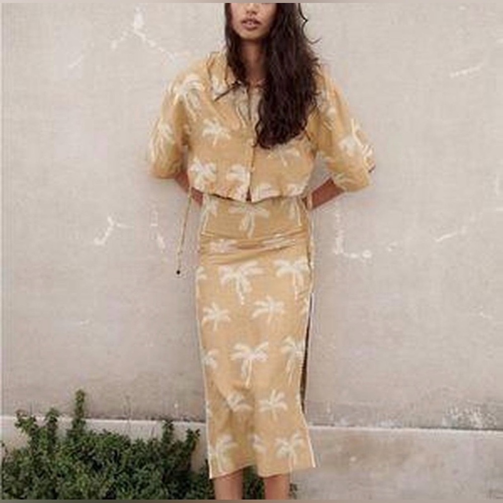 Zara linen co-ord set crop top & matching Skirt embroidery Palm tree Print L